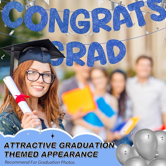Fulmoon Pre Strung Congrats Grad Banner Glitter Congratulations Banner College Graduation Sign Class of 2026 Grad Party Decorations for High School University Graduation Party Favor(Dark Blue)