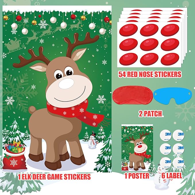 Pin The Nose on The Reindeer with 54PCS Red Nose for Kids Family Pin The Nose on The Reindeer Games, Large Christmas Reindeer Poster Games for Kids Christmas Party Games