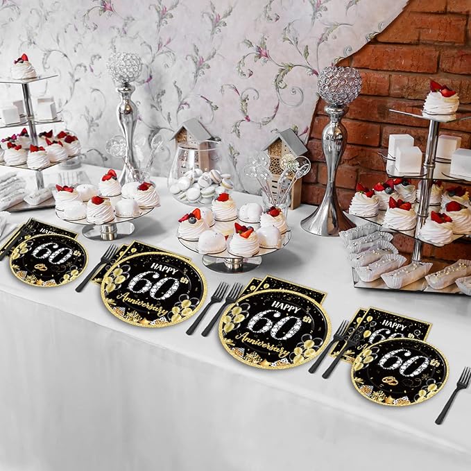 chiazllta 96 Pcs 60th Wedding Anniversary Party Paper Plate and Napkins Supplies Gold Black Disposable Tableware Anniversary Party Paper Plates Napkins Supplies for Party Favors 24 Guests