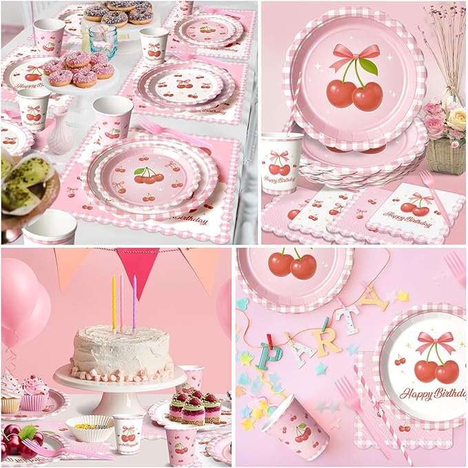 Pink Bow Cherry Birthday Party Supplies - 300 Pcs Disposable Dinnerware Set Serves 50 - Includes Paper Plates, Napkins, Cups, Straws, Forks - Coquette Aesthetic Party Decorations for Girls Women