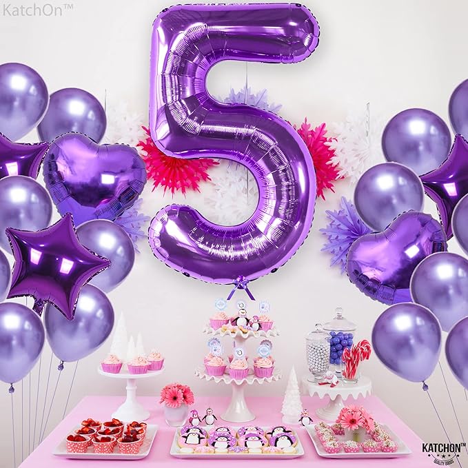 KatchOn, Giant Purple 5 Balloon Number - 40 Inch | Mylar Purple Number 5 Balloon | Purple Five Balloons, Mermaid Birthday Decorations | Purple 5 Balloon For Happy Anniversary Decorations