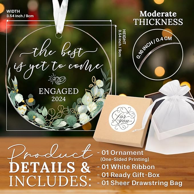 HEXMOZ Engagement Gifts for Couples – Engagement Gifts for Couples, Bride to Be, Women, Fiance, Her – Just Engaged Present, First Christmas Ornament 2025 Party Decoration (Engaged 7)