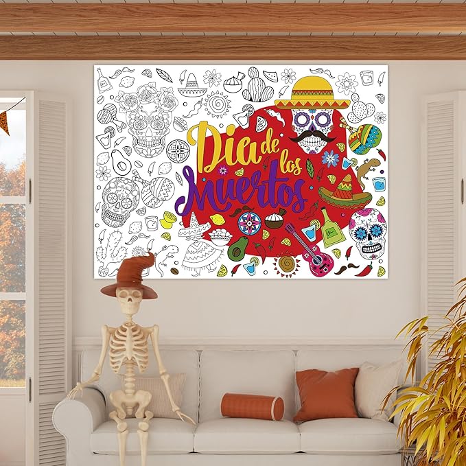 ZOIIWA Day of The Dead Giant Coloring Poster Dia De Los Muertos Large Coloring Posters Sheets Sugar Skulls Tablecloth Mexican Fiesta Party Banner for Home Wall Decor Drawing DIY Painting Crafts
