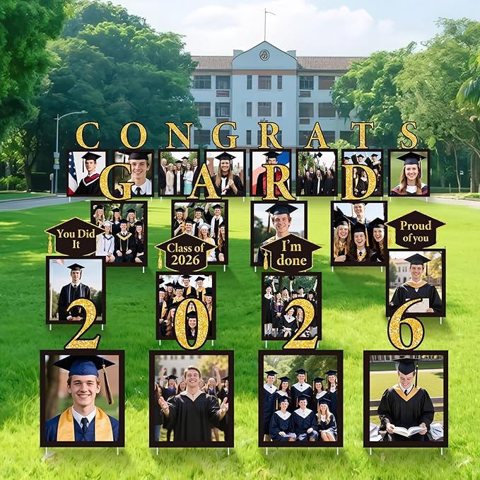 Qunclay 20 Pcs Graduation Photo Yard Sign 2026 Congrats Grad Decorations 13 x 8 Inches Class of 2026 Display Photo Yard Sign with Stakes Outdoor Graduation Pictures Display for College High School