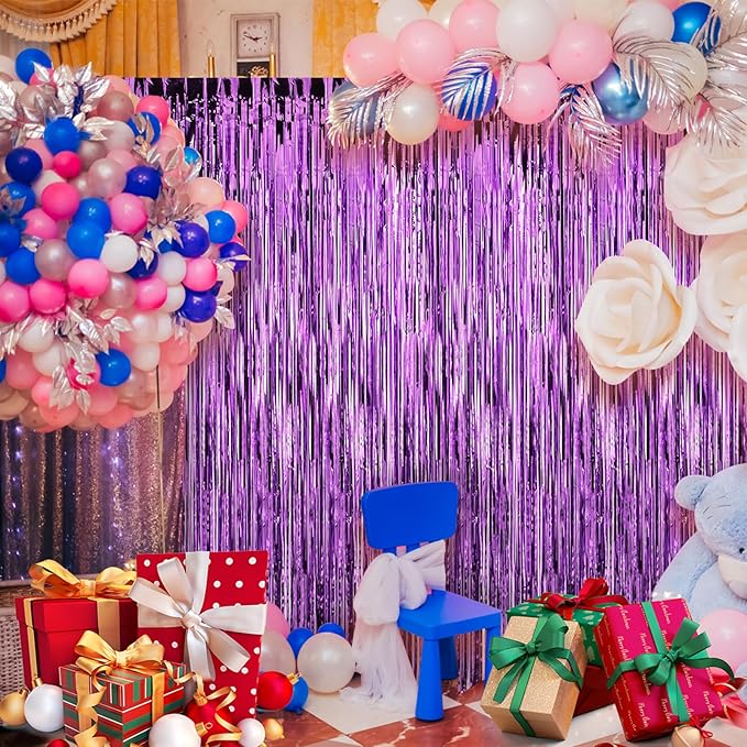Crosize 2 Pack 3.3 x 9.9 ft Purple Foil Fringe Backdrop Curtain, Tinsel Curtain Streamers for Birthday Bachelorette Valentines Day Graduation Parties