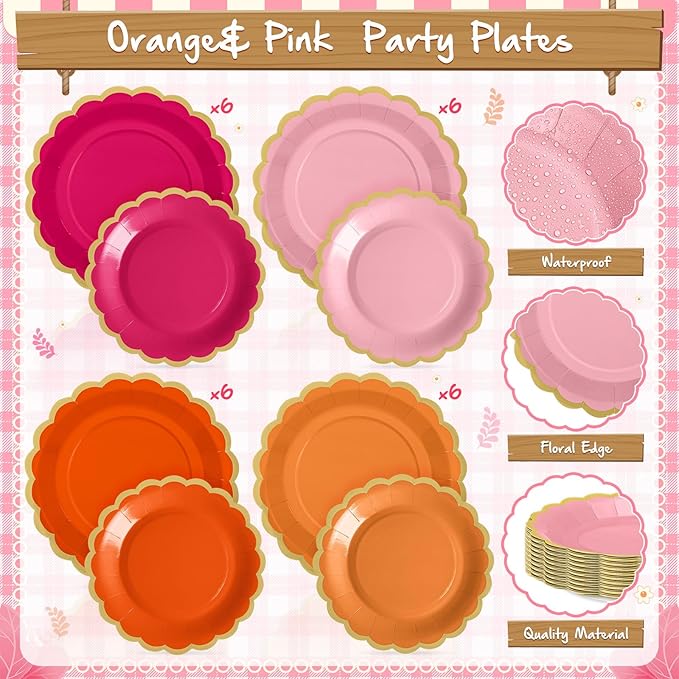 Mimorou 169 Pcs Pink and Orange Plates and Napkins Party Supplies for Guests Hot Pink Orange Tableware Include Scalloped Plates Paper Napkin Cup Spoon Fork Knife for Baby Shower, Wedding, Birthday
