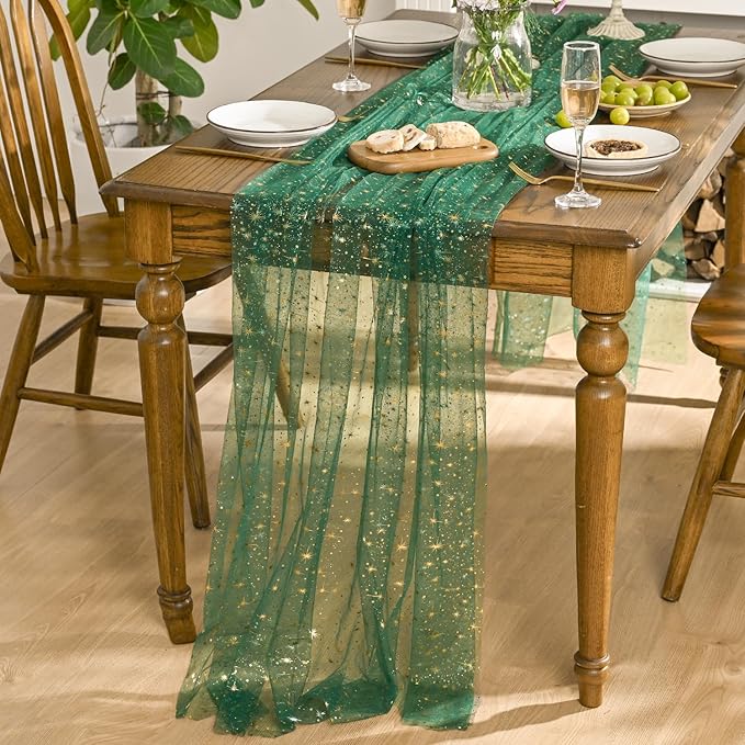 Horaldaily Green Gold Sparkling Star Gauze Tablecloth 60x120 Inch Rectangular, Golden Star Sequin Glitter Metallic Foil, Sheer Tulle Cheesecloth for Wedding Baby Shower Party