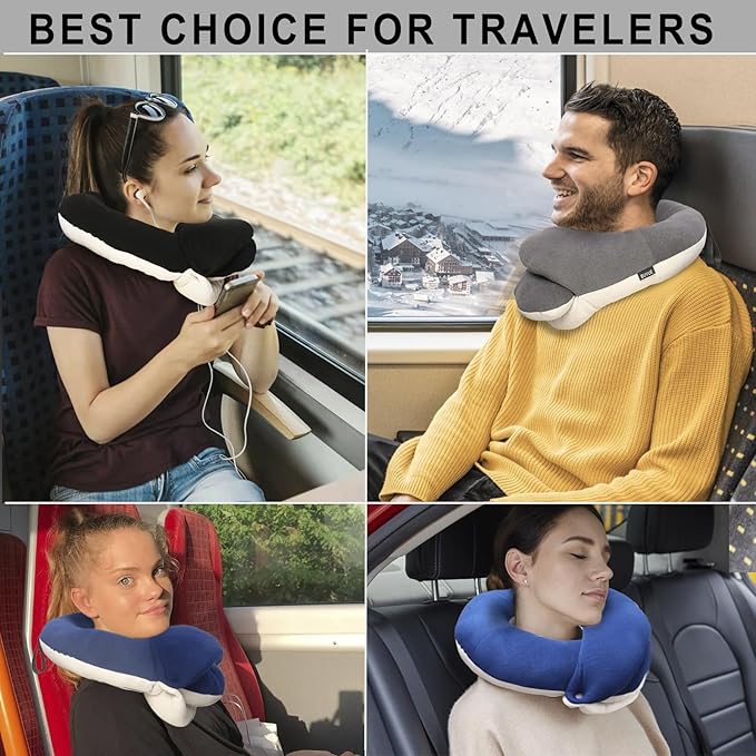 BUYUE Travel Neck Pillows for Airplanes, 360° Head Support Sleep for Long Flight, Skin-Friendly & Breathable, Kit with 3D Contoured Eye Mask, Earplugs and Storage Bag (Adult, Brown, 90+ lbs)