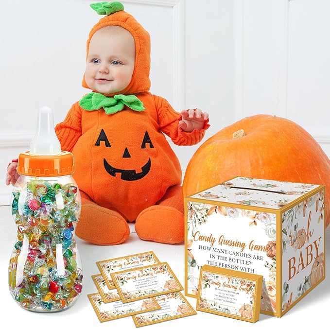 Glenmal 52 Pcs Baby Shower Games Gift Sets Large Baby Bottle for Shower Game Guess How Many Candies Decorations for Gender Reveal(Little Pumpkin)