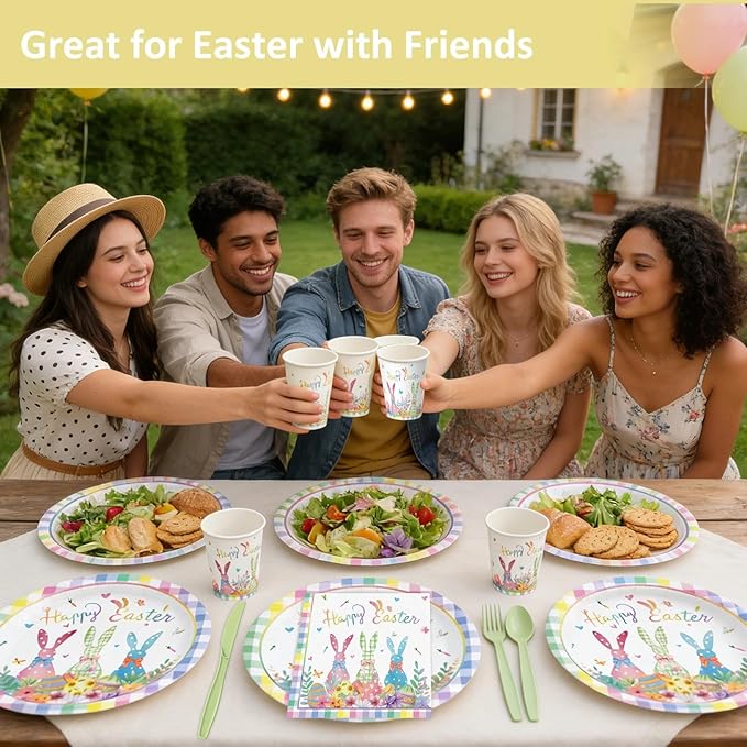 Easter Day Party Disposable Set for 24 Guests - Complete 9'' & 7'' Paper Plates, Napkins, Cups, Knives, Forks & Spoons | Perfect for Easter Brunch, Spring Gatherings, Holiday,Birthday