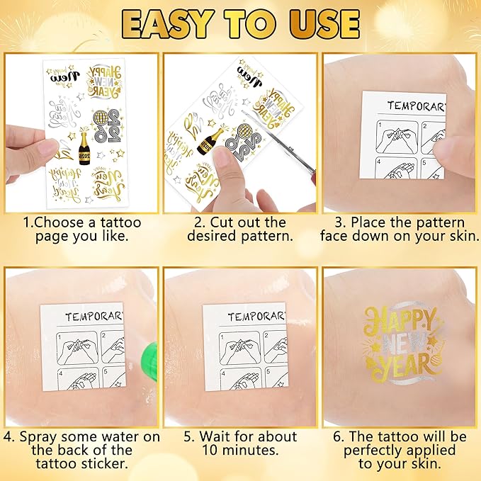 135 Styles New Years Eve Party Supplies, 12 Sheets Glitter New Year Tattoos, 2026 NYE Decorations, Black Gold Silver NYE Party Favors Tattoos Stickers, Holiday Festival Eve Decor