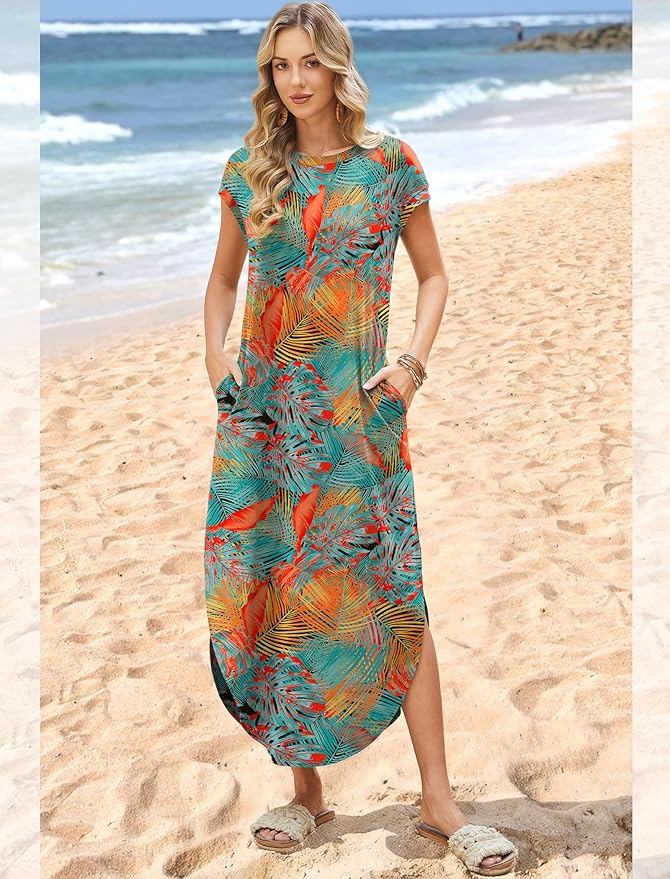 WIHOLL Summer Dresses Cap Sleeve Crewneck Maxi Long Casual Dress with Pockets Beach Vacation Sundresses 2026 Trendy