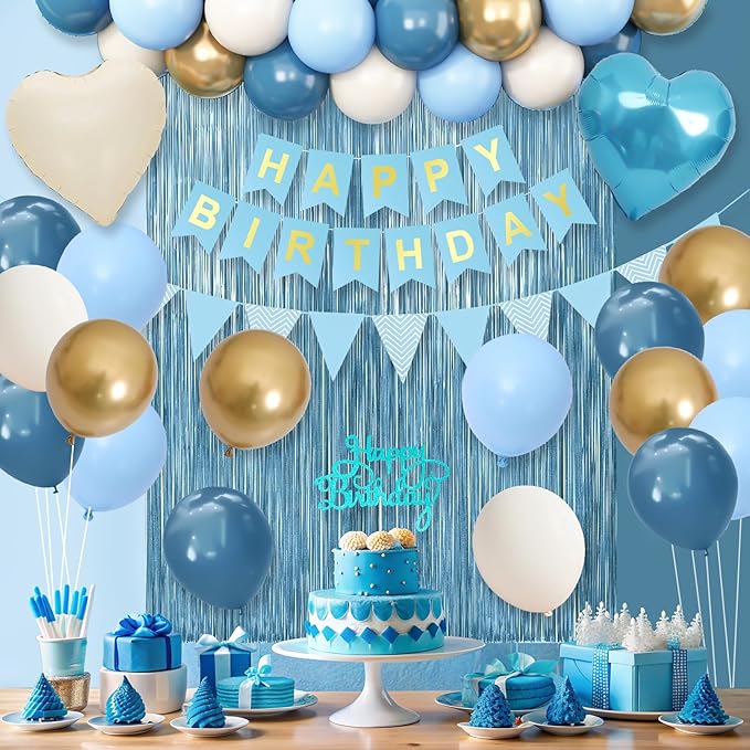 Blue Birthday Decorations,Blue Party Decorations with Dusty Blue White Sand Gold Balloons Happy Birthday Banner Fringe Curtain Light Blue Birthday Party Decor for Boy Kids Baby Men