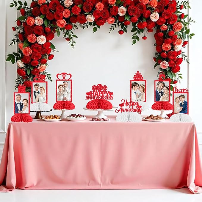 Cheereveal 8 Pieces Happy Wedding Anniversary Honeycomb Centerpiece, Red Glitter Photo Table Topper, Anniversary Theme Party Supplies for Adult 10th 20th 25th 30th 40th 50th 60th Decorations