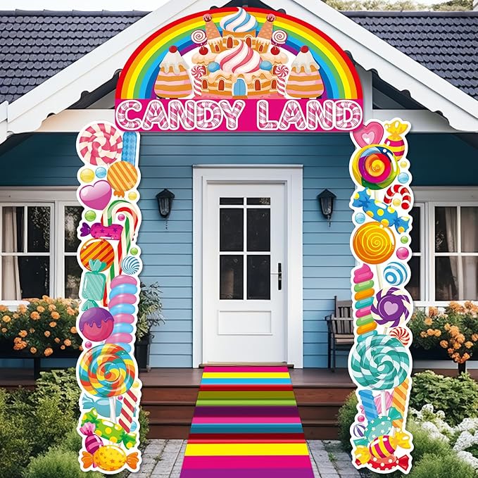 4Pcs Sweet Candyland Party Decorations Candy Door Covers Candyland Hanging Banner Backdrop Candy Land Store Porch Sign Colorful Runner Rug Background Photo Prop for Baby Shower Birthday Party Supplies