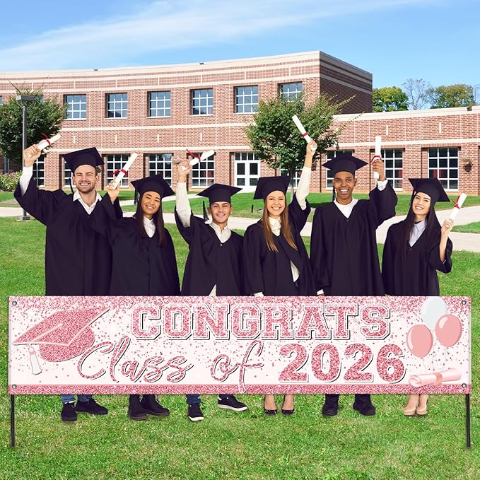 Pink Graduation Party Decorations Class of 2026 Banner Congrats Grad Rose Gold Graduation Yard Sign Banner for High School College Party