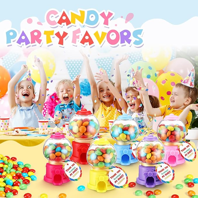 Candy Party Favors with 3.8 Inch Mini Candy Dispenser Toy Thank You Cards Mini Bubble Gumball Machines for Land Birthday Party Decorations Favors(18 Sets)