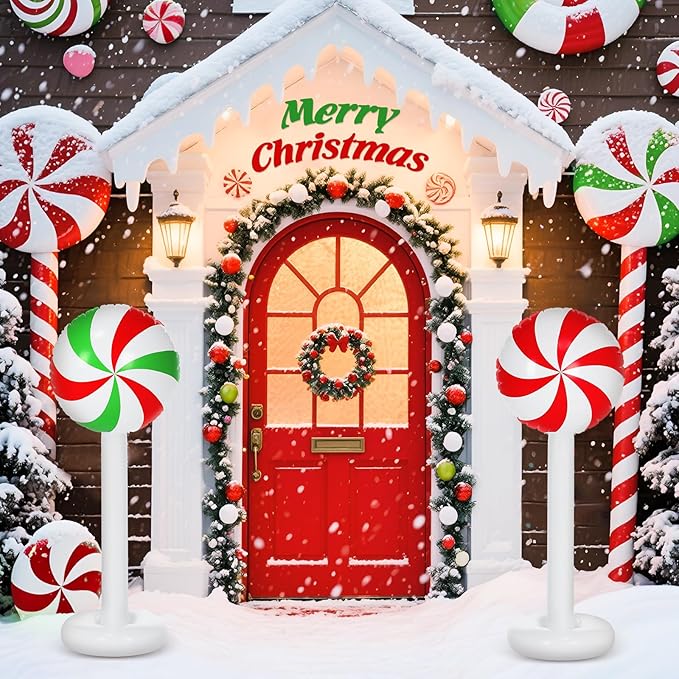 6 Pcs Christmas Inflatable Outdoor Decorations 4 FT Christmas Candy Inflatable Column Decoration for Winter Xmas Lawn Yard Garden Home Decor