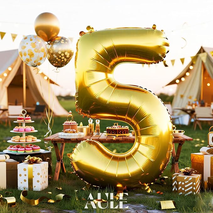 AULE 40 Inch Big Gold 5 Balloon Number Large Foil Helium Number Balloons 0-9 Jumbo Giant Happy 5th Birthday Party Decorations for Boy or Girl Huge Mylar Anniversary Party Supplies