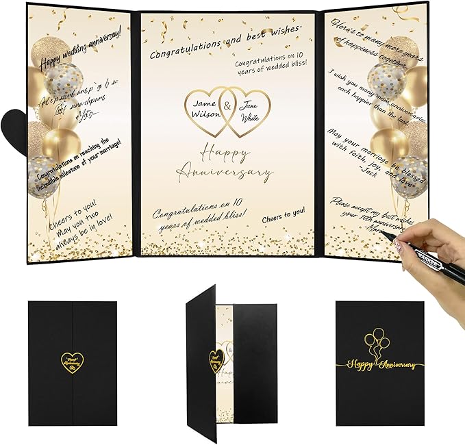 DARUNAXY Black Gold Happy Anniversary Party Decorations, Happy Anniversary Alternative Signature Guest Book Wedding 1st 10th 40th 50th Anniversary Signing Card Board Party Supplies