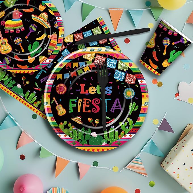 Mexican Fiesta Party Decorations Tableware - Fiesta Party Supplies, Plate, Cup, Napkin, Disposable Cutlery, Mexican Cinco De Mayo Decorations Dinnerware For Birthday Baby Shower | Serve 24