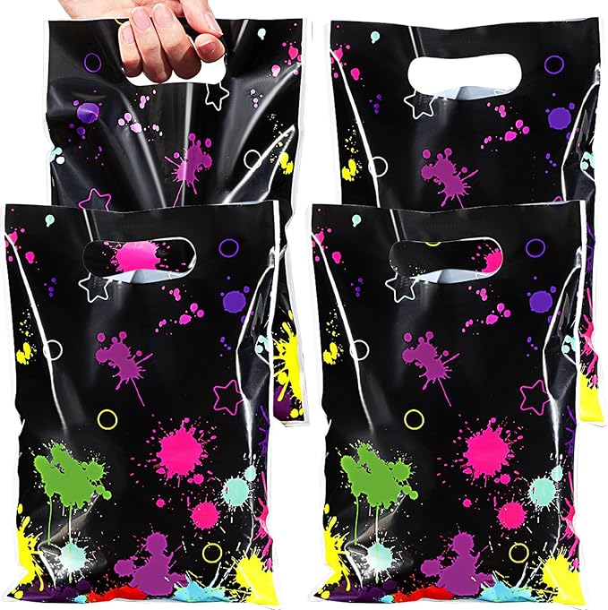 Pajean 50 Pcs Neon Candy Goodie Bags Let's Glow in The Dark Party Supplies Plastic Colorful Treat Bags Neon Gift Wrap Decor with Die Cut Handles for Glow Birthday Party Decoration(Black)