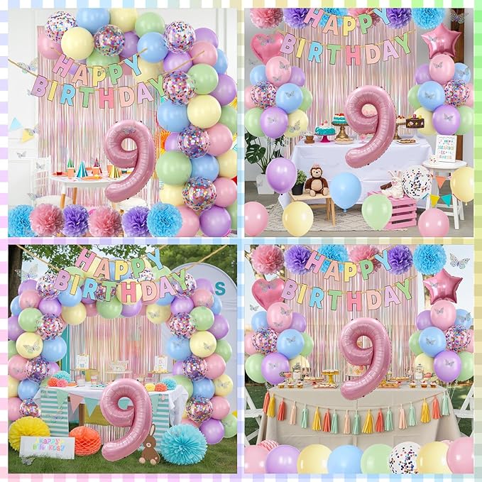 Pastel 9th Birthday Party Decorations for Girls Number 9 Balloon Happy Birthday Banner Butterfly Stickers Fringe Curtain Paper Pom Poms Macaron Pink Star Heart Foil Colorful Balloons 9 Year Old Decor