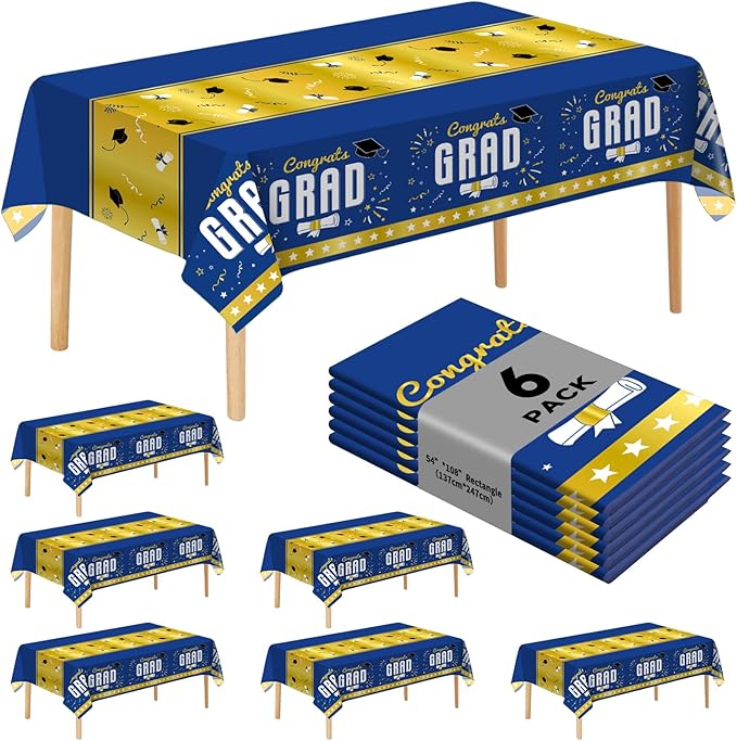 6 Pack Disposable Plastic Tablecloth 54" x 108" Blue Class of 2026 Grad Party Table Cloths Disposable for 6 to 8 Foot Tables Graduation Party Indoor or Outdoor (Graduation Blue)