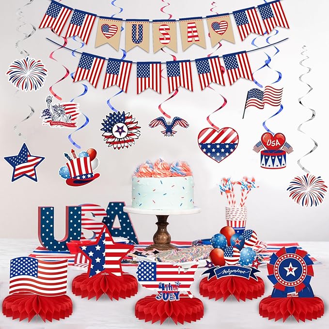 Blosssound 27 Pcs 4th of July Decorations Set Patriotic Party Decor American Flag Banner USA Hanging Swirls Independence Day Honeycomb Table Centerpieces for USA Office Home Memorial Day Supplies