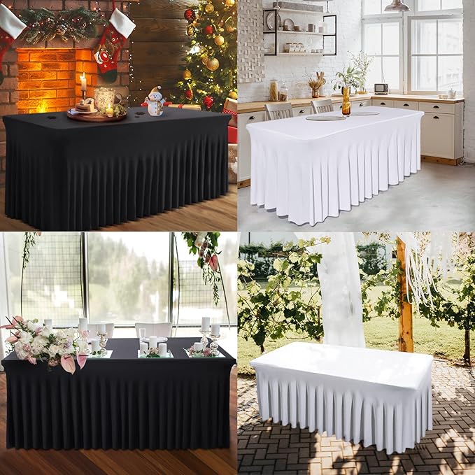Table Skirts for Rectangle Tables 6ft - One-Piece Black Tablecloths and Skirt, Wrinkle Resistant Ruffles Elastic Cover for Banquets, Weddings, Events, Parties
