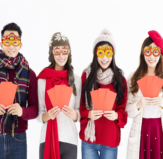 16PCS Chinese New Year Glasses, Lunar New Year Paper Eyeglasses Photo Booth Props for Year of the Horse Party Supplies