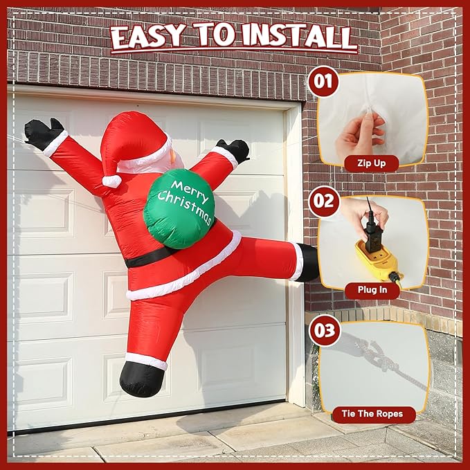 JOYHALO 6FT Christmas Inflatables Hanging Santa Claus Decorations Outside, Santa Hanging from Roof with Gift Bag, Build-in LED Lights, Blow Up Yard Decorations for Indoor, Lawn, Party Decor