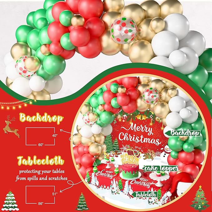 Merry Christmas Party Decorations Kit, Christmas Balloon Garland Arch With Red Green Gold Snow Santa Party Supplies Banner Topper Backdrop Tablecloth - Winter Holiday Indoor Outdoor Home Decor
