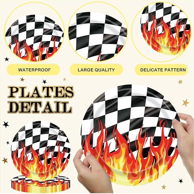 Race Car Birthday Party Decorations, 193Pcs Black White Checkered Race Car Party Supplies Set for 24 Guests, Flame Racing Theme Paper Plates, Tablecloth, Cups, Napkins with Cutlery