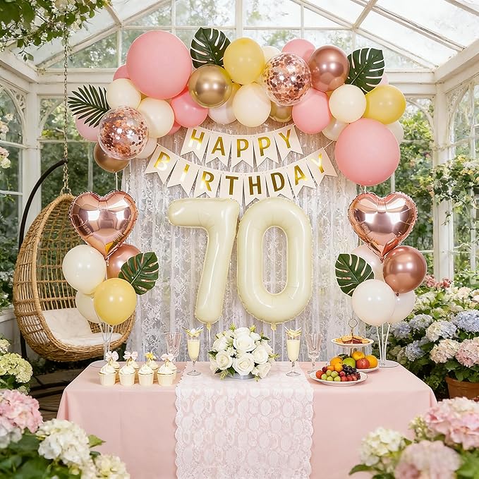 70th Birthday Decorations for Women, Retro Sand White and Cream Balloon Garland Kit, Cream Number 70 Balloon, Pink Happy 70th Banner, Milestone Party Supplies