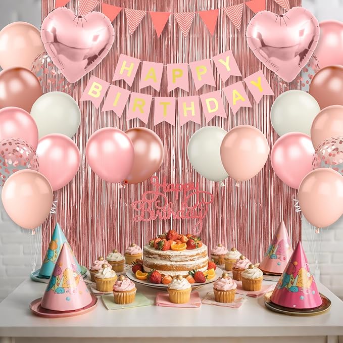 Dusty Pink Birthday Decorations,Happy Birthday Banner Pink Rose Gold Sand Boho Balloons Fringe Curtain Heart Foil Balloons for Women Girl Boys Baby Shower