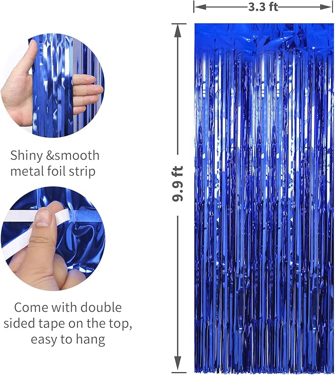 Crosize 4 Pack 3.3 x 9.9 ft Dark Blue Foil Fringe Curtains Party Decorations, Blue Tinsel Curtain Backdrop for Parties, Door Streamers, Glitter Streamer Fringe Backdrop for Birthday Decoration
