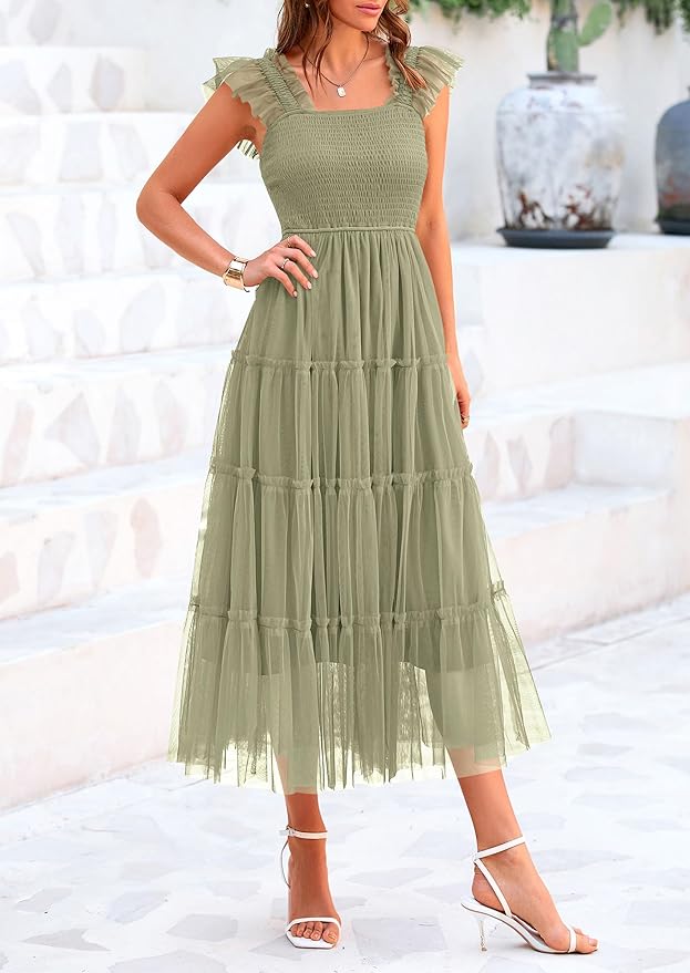 PRETTYGARDEN Women's Summer Tulle Midi Dress Sleeveless Smocked Ruffle Flowy Mesh Dresses Party Wedding Guest Sundress