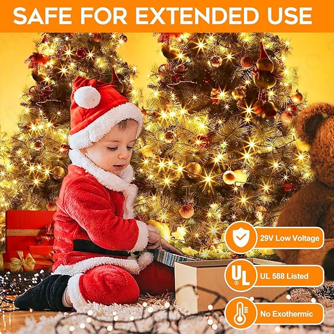 Christmas Lights Outdoor 100LED 33FT, Green Wire Connectable Christmas String Lights | 8 Modes Twinkle Fairy Lights Plug in with Timer, for Indoor Outside Xmas Trees Garden Party, Warm White