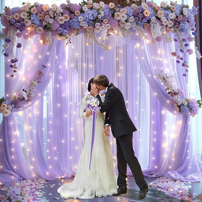10x10ft Lavender Chiffon Backdrop Curtain with Lights String for Wedding Sheer Tulle Curtain Photo Backdrops Drapes for Baby Shower Birthday Party Home Ceremony Decorations