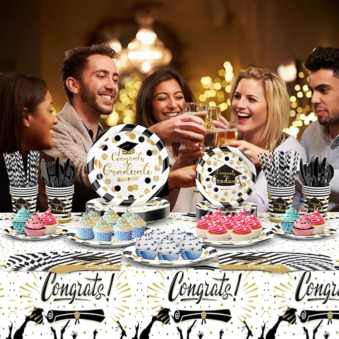 2025 Graduation Party Decor Supplies, 233-Piece Set for Graduation, Includes Disposable Dinnerware Like Plates, Cups, Napkins, Cutlery, Tablecloth, Balloons (Perfect for 25 Guests, Black & Gold Theme)