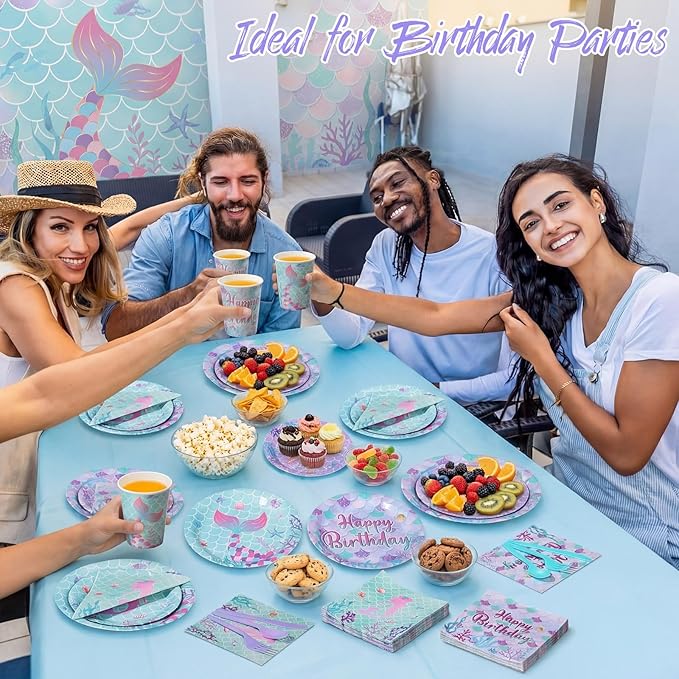 450 Pcs Mermaid Birthday Party Tableware Set Decorations Mermaids Paper Plates Napkins Cups Cutlery Straws for Girls Ocean Under the Sea Themed Birthday Party Supplies, Serves 50