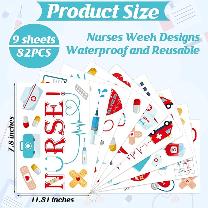 82 PCS Nurses Week Decorations, 9 Sheets Nurses Week Window Clings with Hearts, Thank You Nurse Appreciation Week Decor, Double-Sided Nursing Stickers for Windows Stores Offices Parties