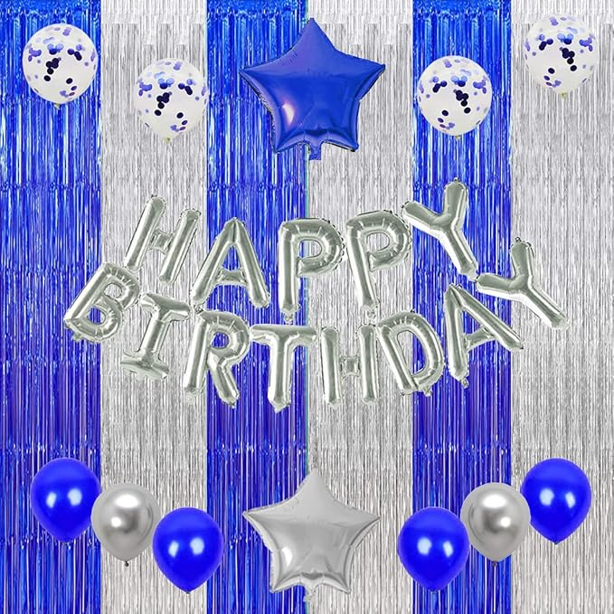 Graduation Backdrop Curtain 2026, Blue Silver Party Decorations Metallic Tinsel Foil Fringe Curtains Photo Booth Streamer Background for Birthday Wedding Party Christmas Decor(3 Pack)