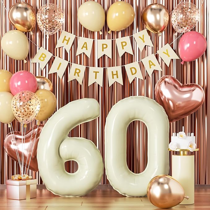 60th Birthday Decorations for Women, Retro Sand White and Cream Balloon Garland Kit, Cream Number 60 Balloon, Pink Happy 60th Banner, Milestone Party Supplies