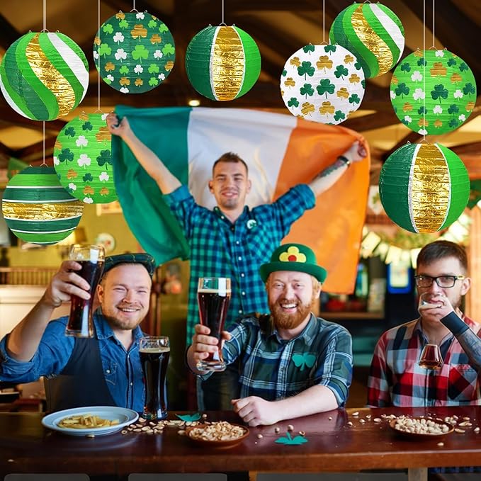 ADLKGG St Patricks Day Decorations Paper Lanterns, 8" Round Hanging Green Clover Lanterns for Irish Party Saint Patricks Day, Easy to Hang Festive Indoor Outdoor Party Supplies, Classroom Decor, 12pcs