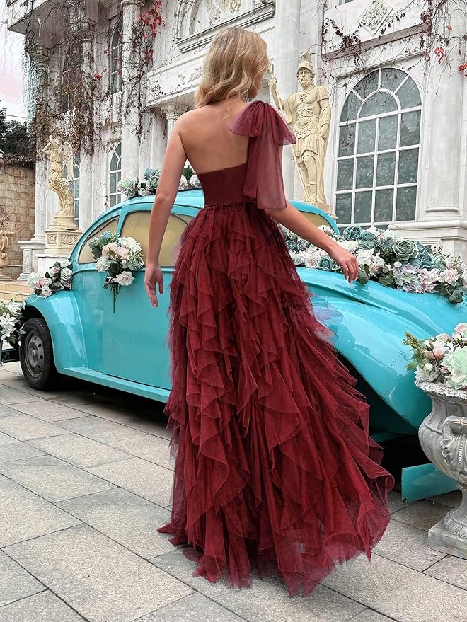 Summer Women Tulle Prom Dress Elegant Bow One Shoulder Slit Evening Party Gown Wedding Guest Bridesmaid Maxi Dress
