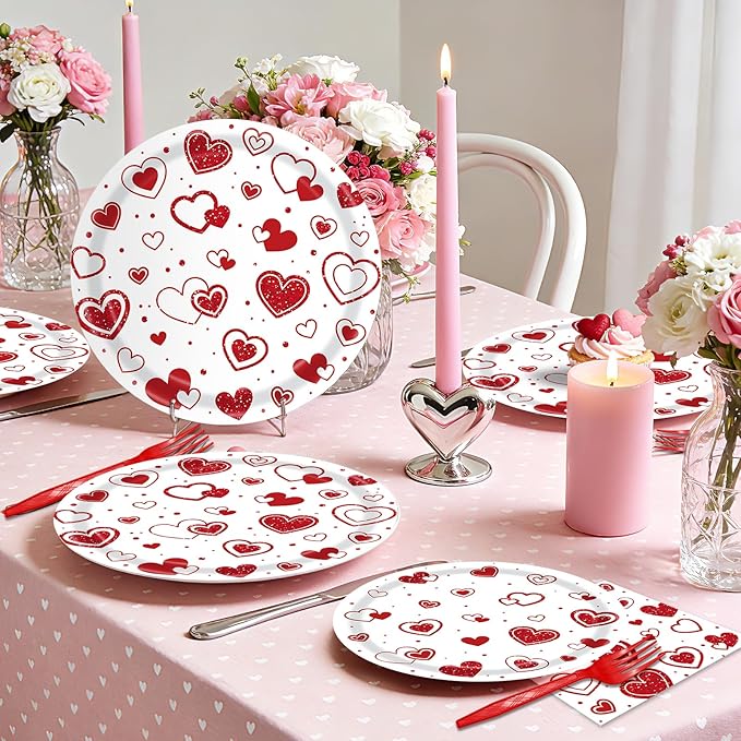96 Pieces Valentines Day Love Plates and Napkins Party Supplies, Red Heart Disposable Tableware with Paper Plates Napkins and Forks for Valentine Day, Wedding Anniversary Party Favors - Serves 24