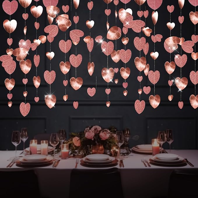 GCQQ 52Ft Rose Gold Heart Garland - Glitter Valentines Decorations 4 Packs Romantic Paper Heart Hanging Streamer for Bridal Shower Valentine's Day Party Backdrop Decorations