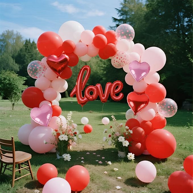 DR.DUDU 263 Pcs Valentines Day Balloon Arch Kit Decorations, Pink/White/Red Balloons Garland Decor with LOVE Heart Balloon Rose Petals for Mother's Day Party Birthday Wedding Proposal Anniversary